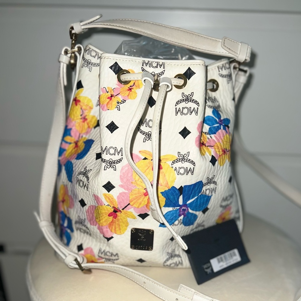 MCM Visetos Floral Print Small Drawstring Bucket Bag White